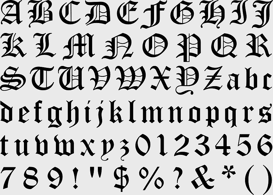 Blackletter Typeface, Gothic alphabet font, Schwabacher script, monochrome text, medieval calligraphy, vintage typography, historical lettering
