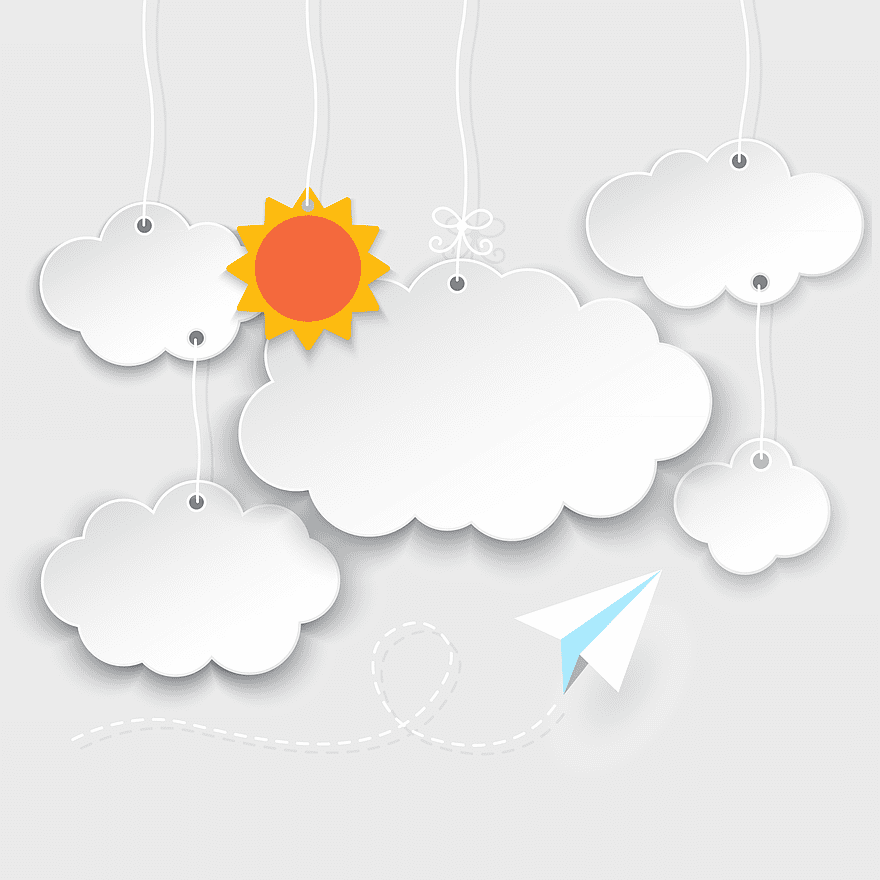 cloud speech bubble, cartoon sun and clouds, paper airplane cloud background, white cloud tags, whimsical weather illustration, festive sky elements, decorative cloud patterns