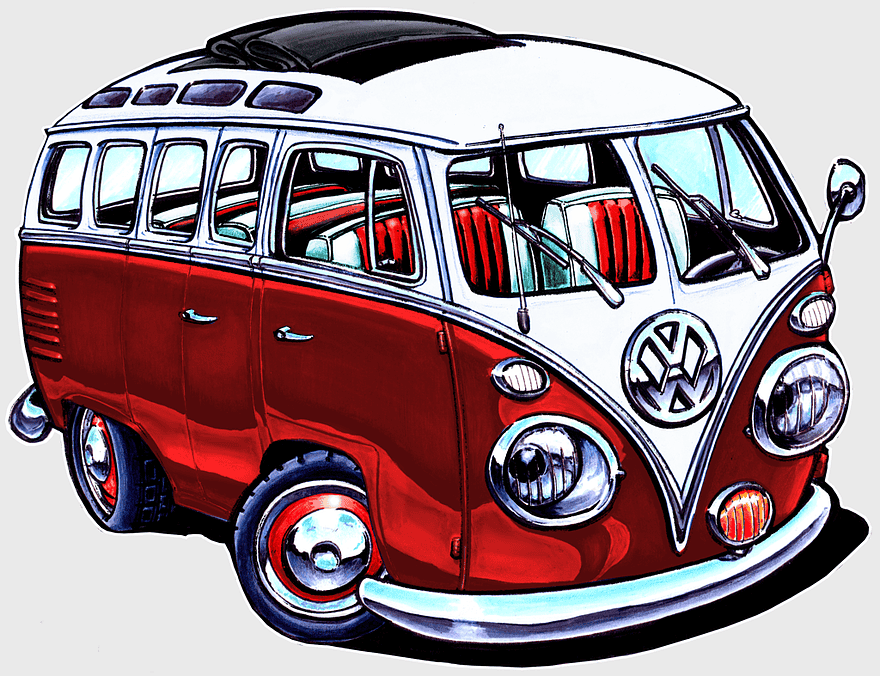 red and white Volkswagen Samba van, Volkswagen Type 2 cartoon, vintage campervan illustration, vw bus drawing, classic van art, retro vehicle graphic, automotive design sketch
