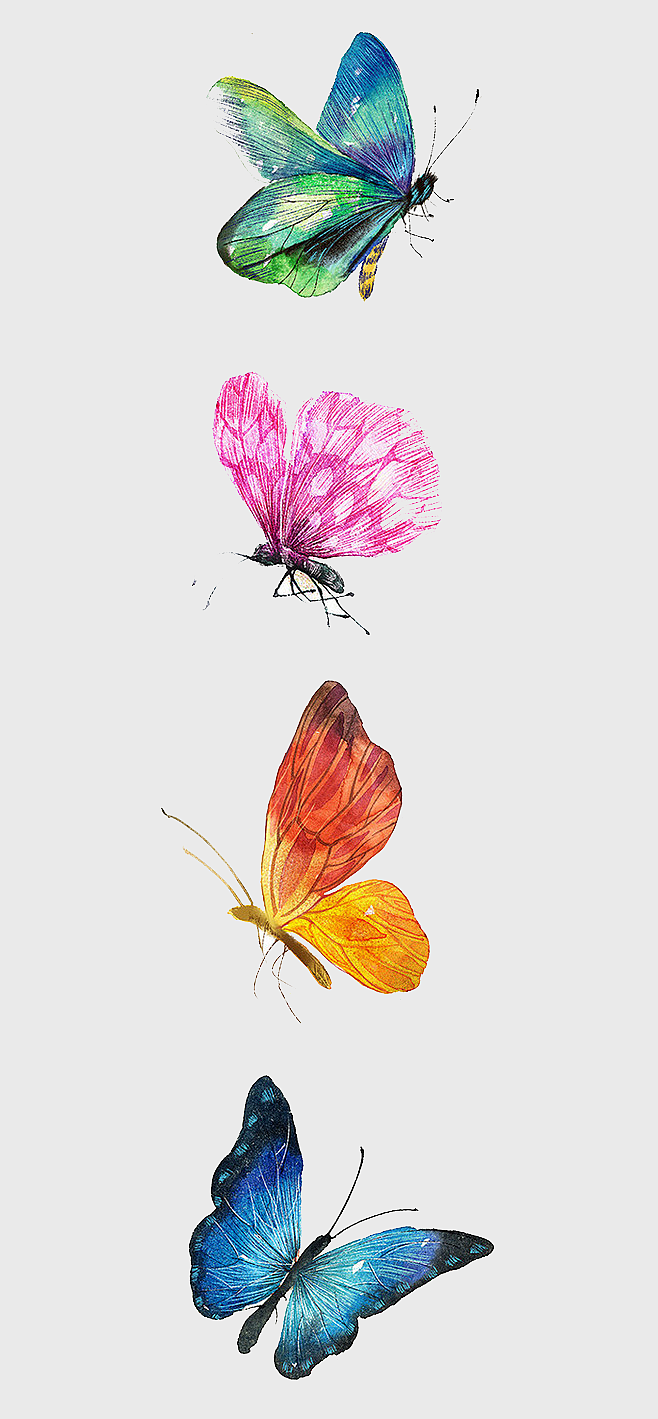 watercolor butterfly illustration, hand-painted butterfly group, assorted-color butterflies, butterfly wing art, insect pollinator drawing, colorful moth and butterfly painting, nature's flying ornaments