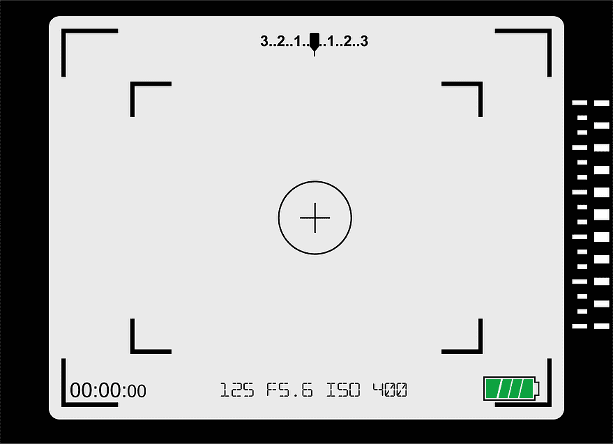 camera viewfinder display, video camera interface, full battery indicator, 125 F5.6 ISO 400 settings, digital recording interface, electronic camera screen, vintage camcorder viewfinder