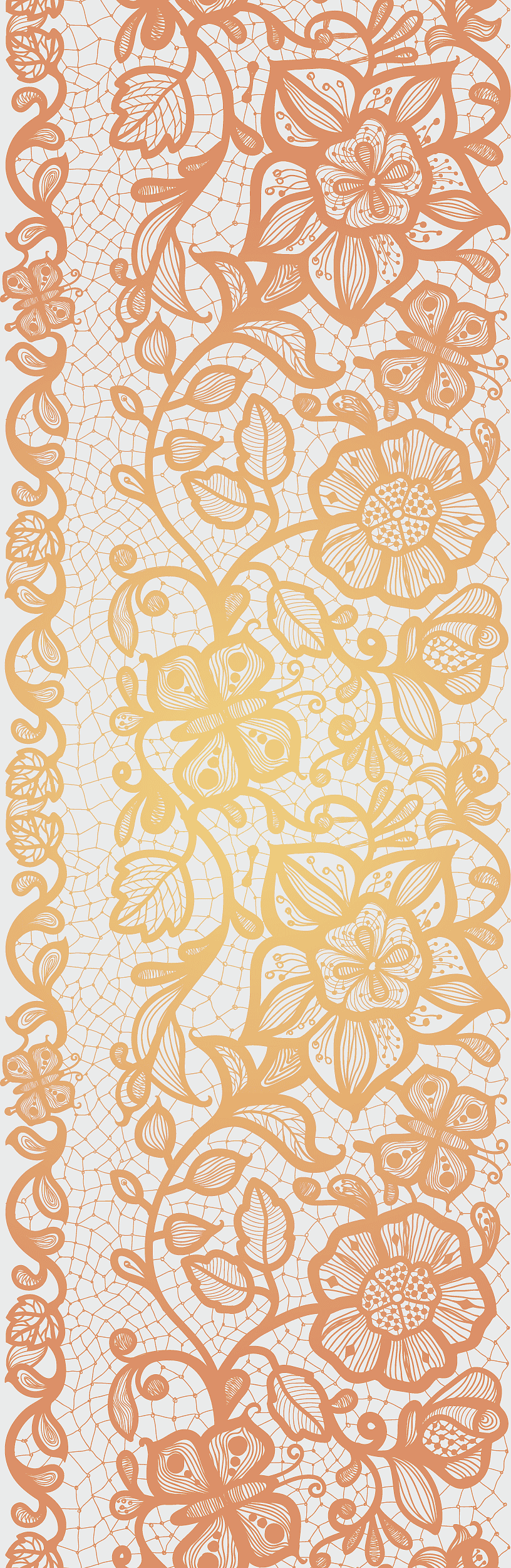 Euclidean Lace Pattern, orange floral gradient, vintage lace border texture, retro style lace design, decorative textile art, intricate floral ornament, peach gradient background