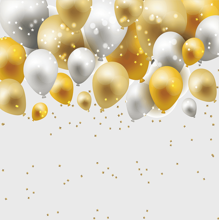 gold and silver balloons, yellow patterned material, decorative balloon borders, vintage certificate frame, festive party decorations, elegant celebration elements, starry confetti accents, premium event graphics