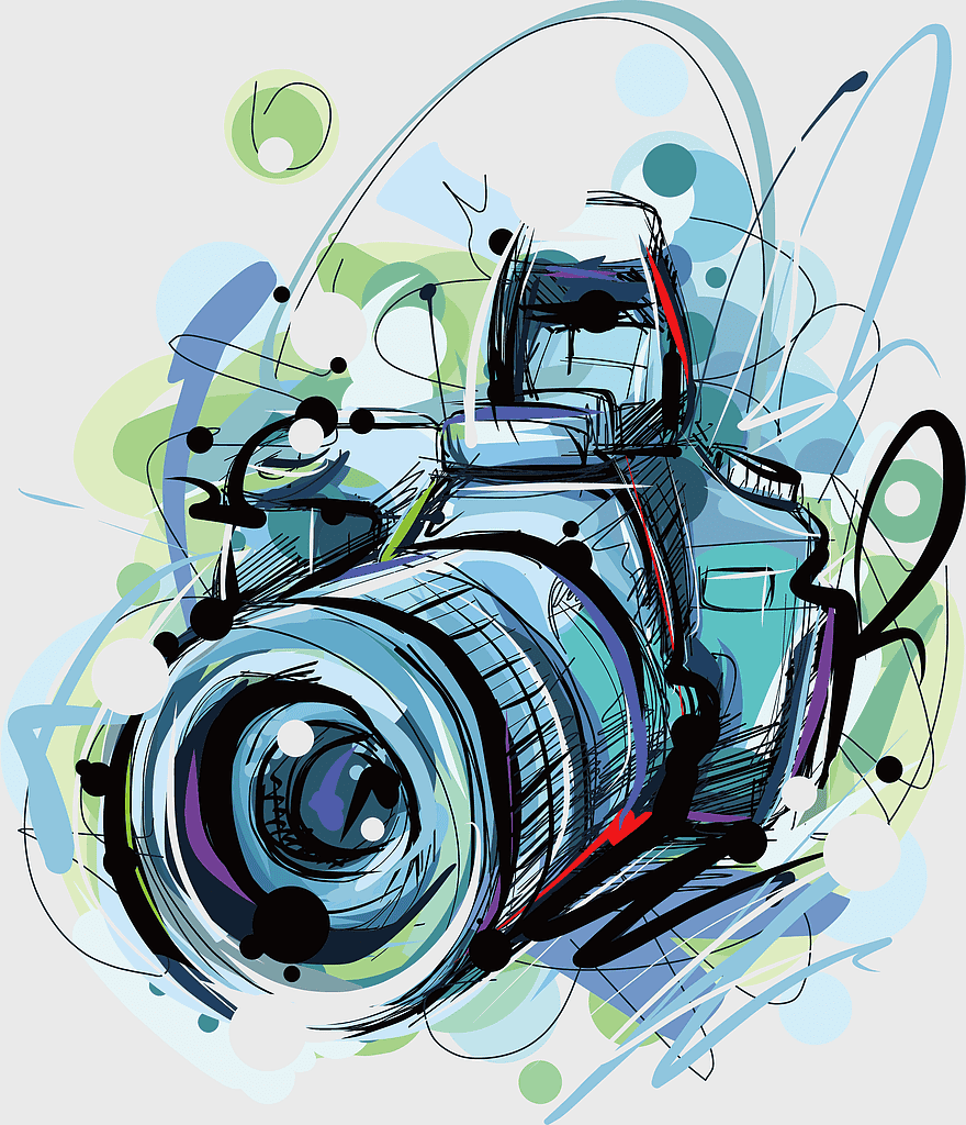 multicolored DSLR camera, watercolor camera illustration, camera lens design, vintage camera art, abstract camera graphic, artistic camera depiction, digital camera artistry, photography equipment illustration
