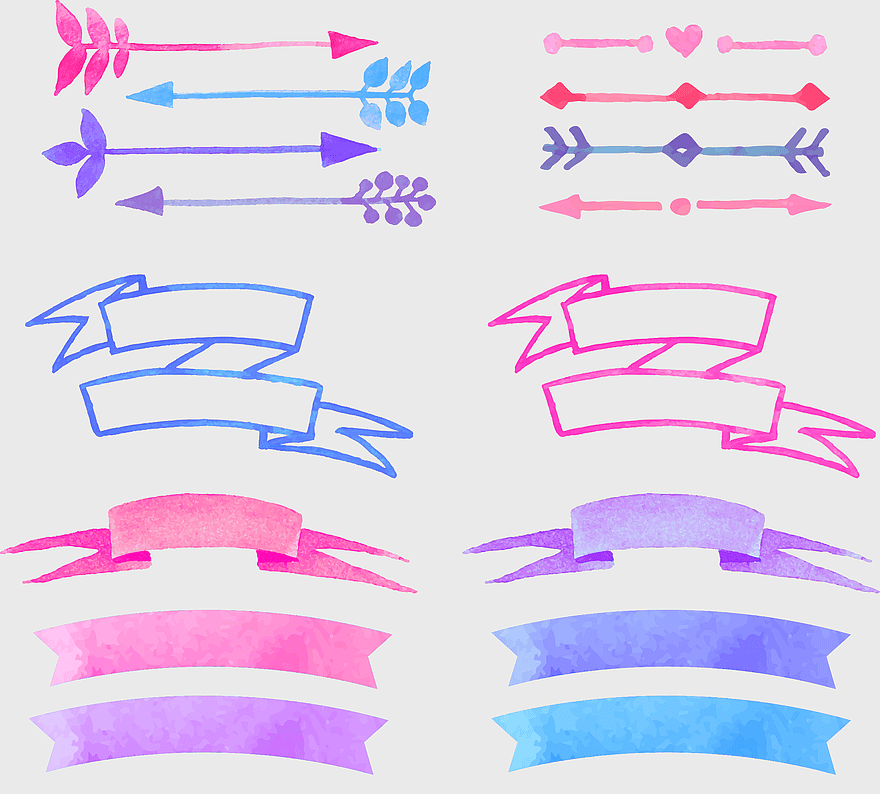 watercolor painted banners, assorted-color ribbon illustrations, handpainted flowers, happy birthday labels, decorative arrow designs, festive banner art, creative ribbon patterns