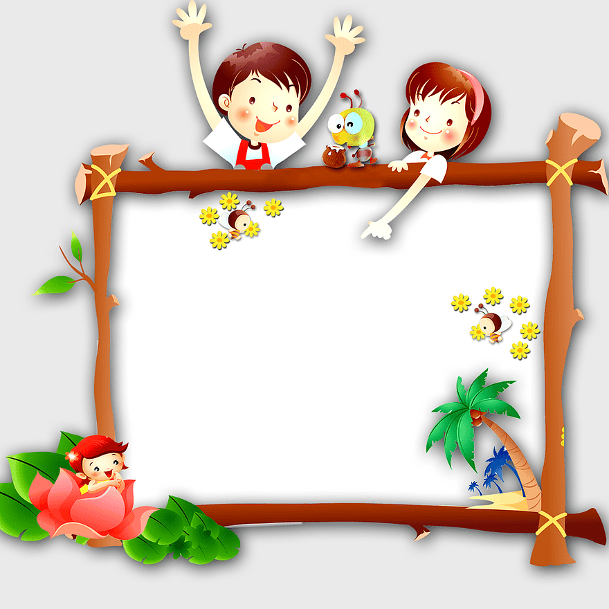 Children's Day frame, cartoon boy and girl illustration, vintage border design, festive holiday decoration, playful kids art, whimsical frame design, nature-themed border elements