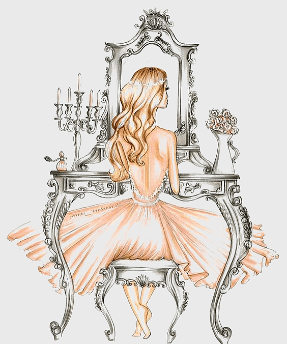 fashion illustration girl, watercolor painting dress, cosmetics dresser mirror, chair European style, elegant woman portrait, vintage beauty scene, haute couture design art