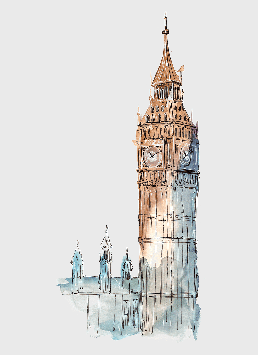 Big Ben watercolor illustration, handpainted city building, famous UK landmark, watercolor tower painting, London skyline art, iconic clock tower depiction, British heritage sketch Big Ben watercolor illustration, handpainted city building, famous UK landmark, watercolor tower painting, London skyline art, iconic clock tower depiction, British heritage sketch