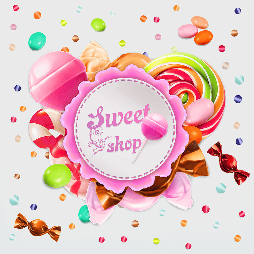 Lollipop border frame, candy sweetness decoration, vintage candy frame, round sugar candy, sweet shop design, confectionery art, festive candy display