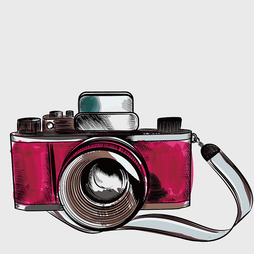 pink DSLR camera illustration, vintage camera lens drawing, retro camera icon watercolor, old camera accessory sketch, classic graphy equipment, artistic camera depiction, hand-drawn camera design