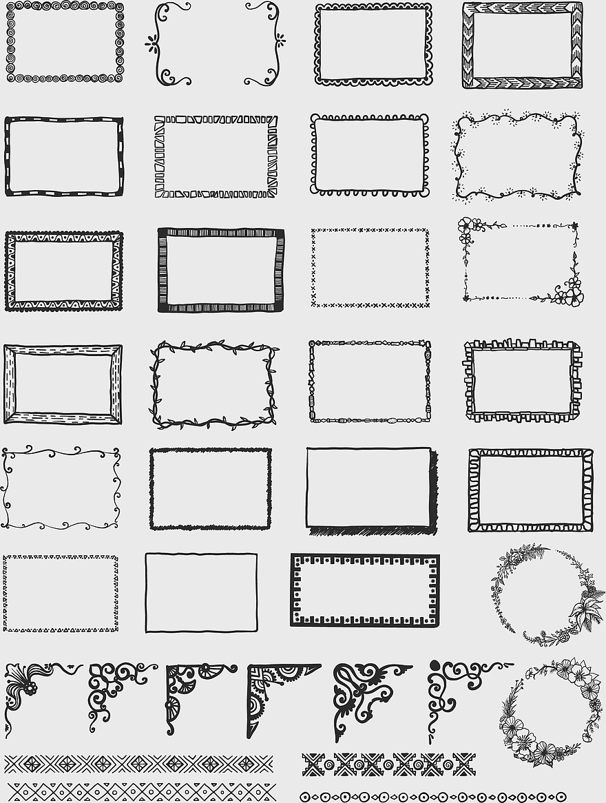 hand-painted border frame, graffiti border design, monochrome frame illustration, floral border ornament, decorative frame collection, ornamental border art, vintage frame pattern