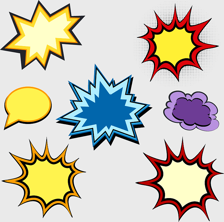 assorted-color comic bubbles, onomatopoeia word art, superhero comic elements, comic book speech tags, graphic design elements, visual storytelling tools, expressive comic art