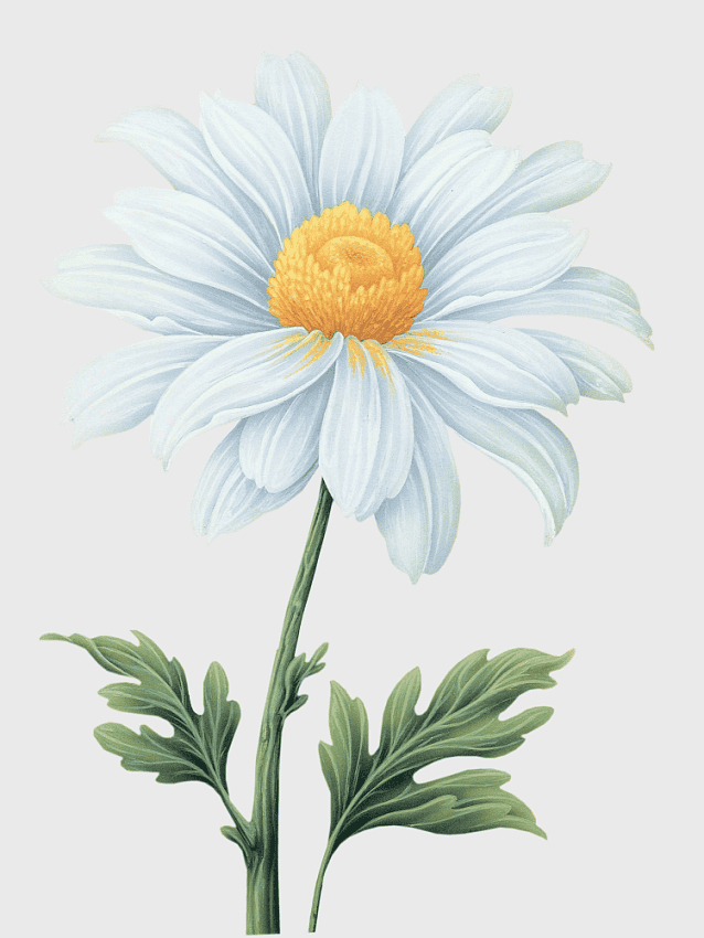 white daisy watercolor illustration, Transvaal daisy floral art, daisy family plant design, simple decorative flower painting, botanical watercolor artwork, nature-inspired floral decor, chrysanthemum family blooms