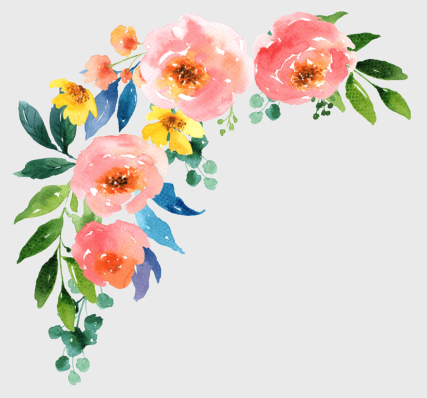 watercolor flower bouquet, pink watercolor flowers, cartoon-style watercolor flowers, blackish green leaves, floral watercolor art, hand-painted floral arrangement, botanical watercolor illustration