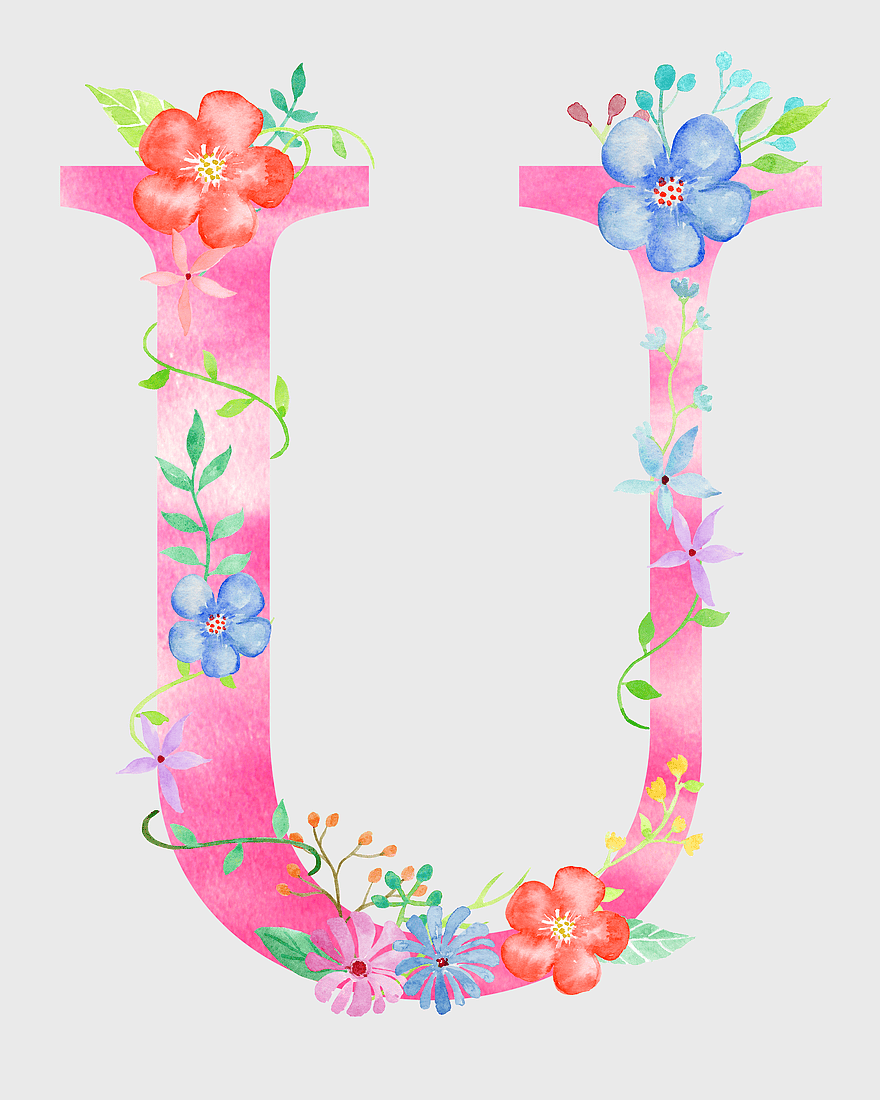 pink U with flowers, floral letter U, watercolor flower alphabet, decorative letter U, floral typography, botanical illustration, floral design elements
