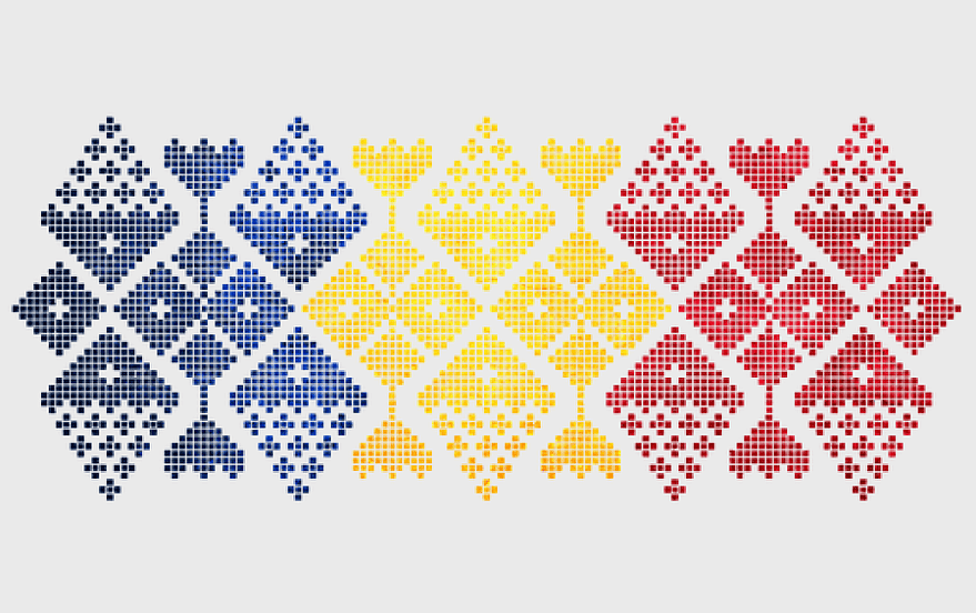 Romanian Flag Folklore Pattern, Romanian tricolor symmetry, traditional Romanian needlework, Romanian folk ornament, Romanian cultural motifs, Romanian heritage designs, Romanian textile artistry