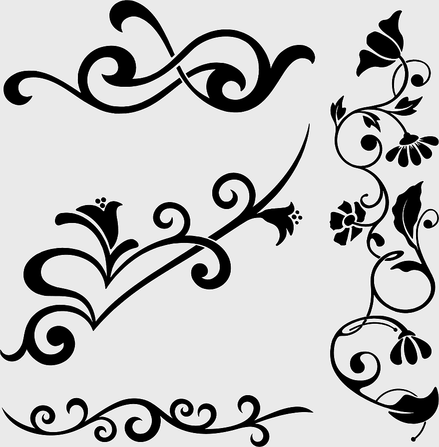 Floral design flourish, black and white ornament, decorative arts leaf, monochrome line art, elegant swirl patterns, intricate plant motifs, vintage frame elements