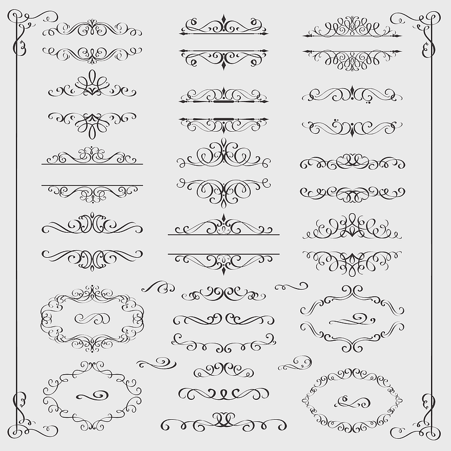 European-style lace patterns, decorative frame elements, monochrome ornamental designs, retro pattern motifs, vintage border illustrations, intricate swirl designs, classic embellishment art