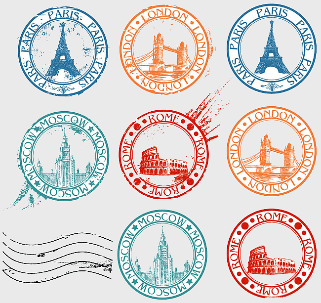 travel visa stamps, world landmarks postmarks, assorted color logo collage, passport stamp designs, global sightseeing icons, international travel symbols, vintage travel emblems