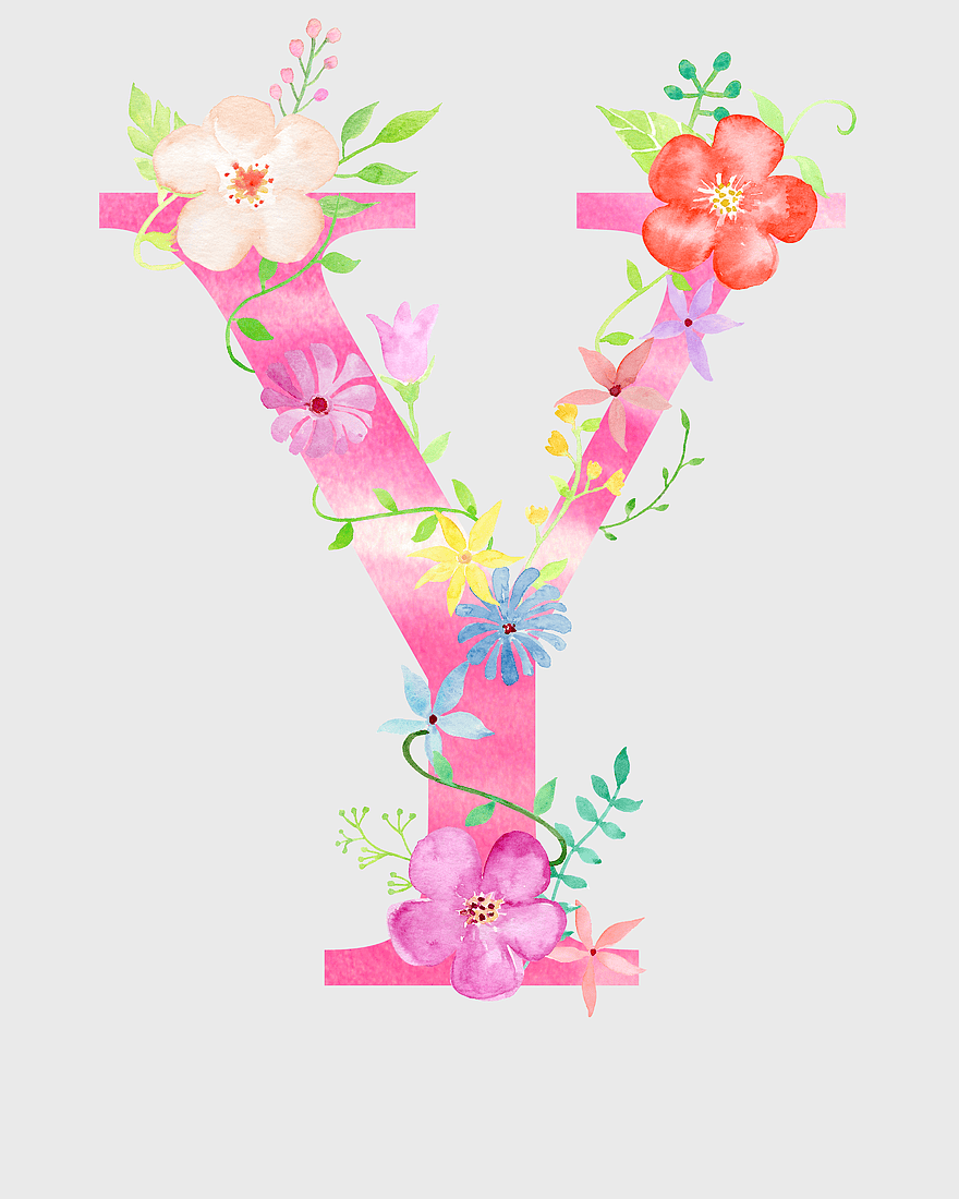 pink floral letter Y, watercolor flower alphabet Y, decorative floral design Y, floral pattern letter Y, botanical illustration Y, floral typography Y, floral lettering art Y