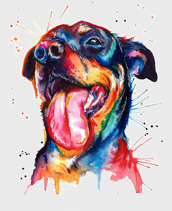 watercolor Rottweiler painting, hand painted puppy portrait, colorful dog illustration, watercolor animal art, vibrant pet artwork, expressive canine painting, modern doggy decor