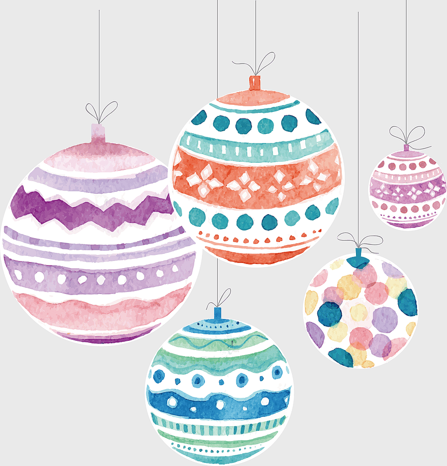 watercolor Christmas ornaments, festive holiday decor, assorted-color Christmas balls, watercolor painting Christmas, holiday season decorations, Christmas tree embellishments, colorful holiday ornaments