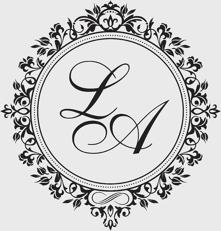 LA wedding monogram, black and white floral design, elegant line art logo, vintage wedding invitation, ornate circular emblem, sophisticated calligraphy art, decorative wedding crest