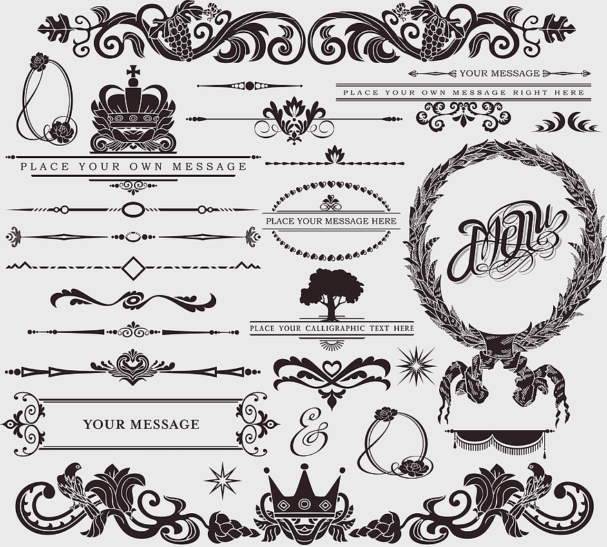 vintage wedding ornament designs, monochrome floral design elements, retro style decorative arts, black and white line art, elegant calligraphy borders, ornamental crown motifs, intricate swirl patterns