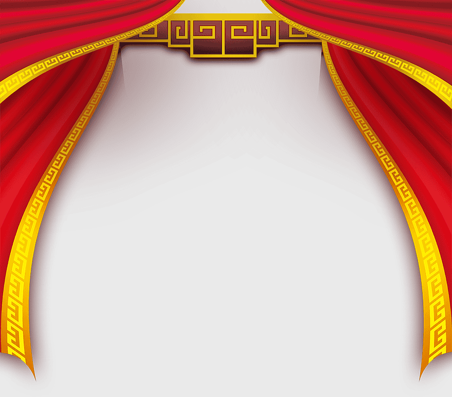 Chinese New Year curtains, Chinese style wedding backdrop, red and yellow decorative drapes, theater stage curtain design, festive wedding decor, traditional Chinese wedding elements, ornate curtain patterns