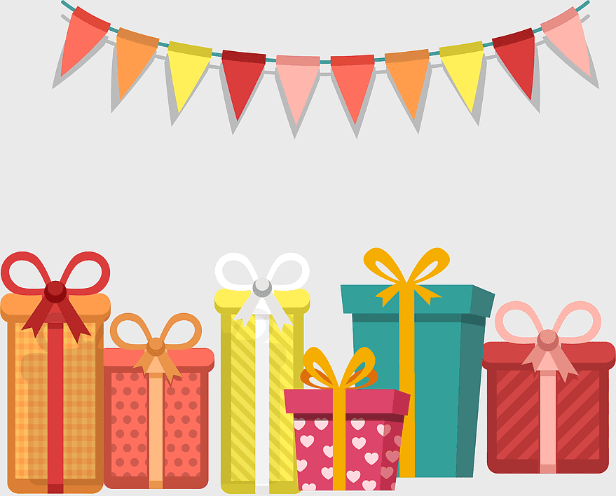 hand-painted gift boxes, watercolor birthday gifts, festive bunting decoration, colorful present illustration, party favor designs, celebratory gift wrap, cheerful gift packaging