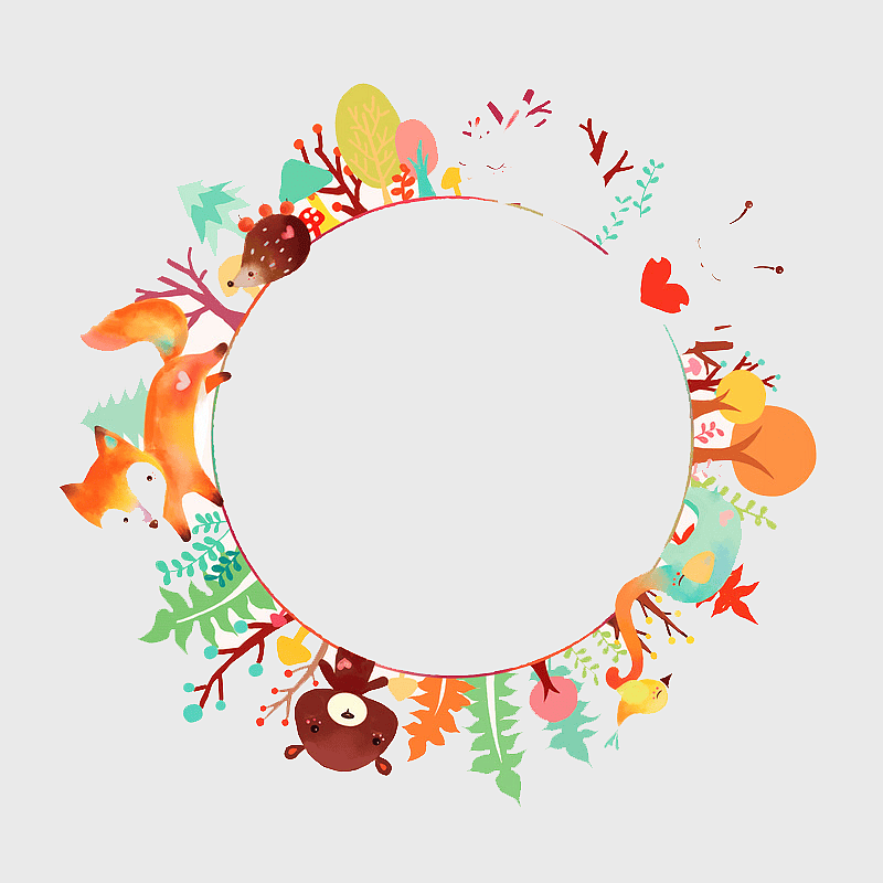 Forest animal watercolor round frame, watercolor forest animal illustration, watercolor animal decorative circle, cute animal forest design, woodland creature frame art, nature-themed art border, playful forest animal artwork