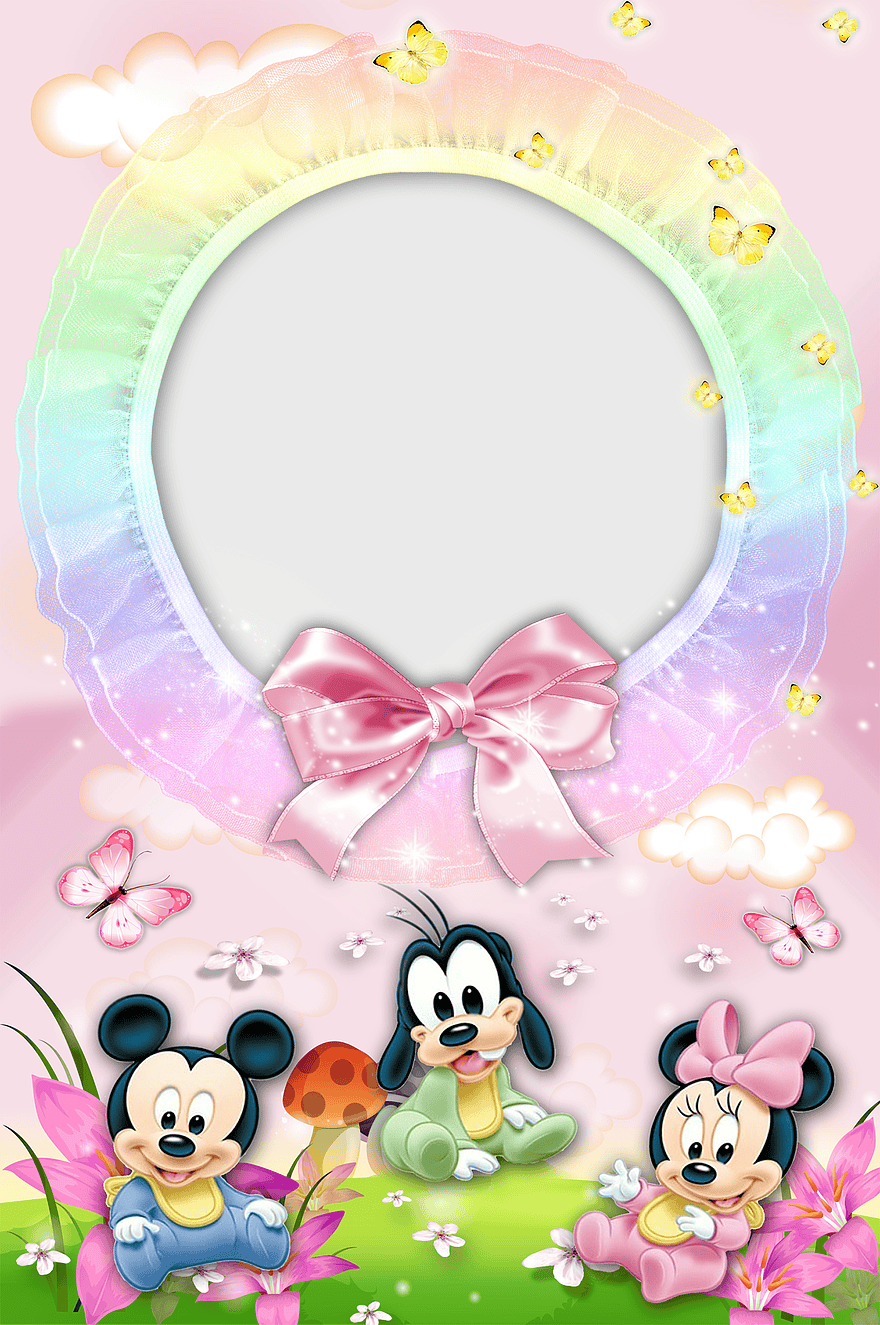 Mickey Mouse and friends frame, cartoon character border design, vintage Disney frame, colorful petal mood frame, whimsical butterfly frame, playful children's illustration, festive character border