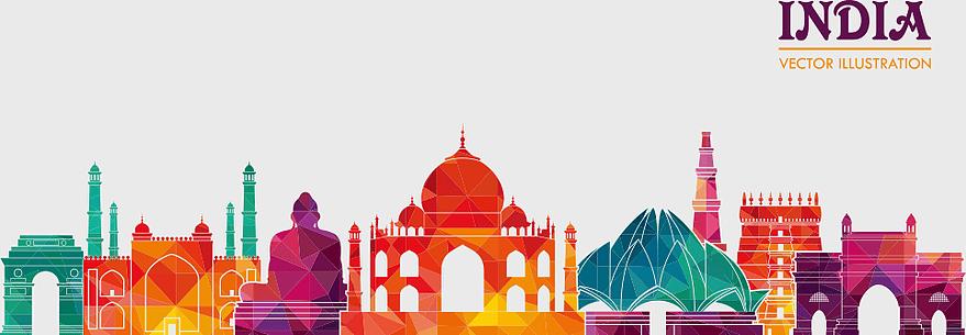 Indian architecture illustration, India skyline silhouette, Indian cityscape art, Indian travel design, colorful architectural landmarks, vibrant cultural heritage, geometric skyline Indian architecture illustration, India skyline silhouette, Indian cityscape art, Indian travel design, colorful architectural landmarks, vibrant cultural heritage, geometric skyline