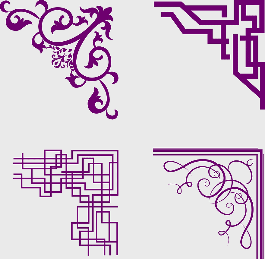 purple corner frames, decorative violet ornaments, magenta floral corners, symmetrical design elements, intricate corner patterns, ornamental corner borders, artistic purple motifs purple corner frames, decorative violet ornaments, magenta floral corners, symmetrical design elements, intricate corner patterns, ornamental corner borders, artistic purple motifs