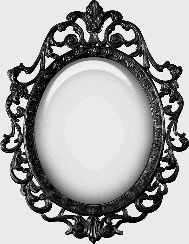oval black framed mirror, Snow White Magic Mirror, monochrome mirror illustration, black and white mirror frame, ornate mirror design, vintage mirror graphic, decorative mirror art