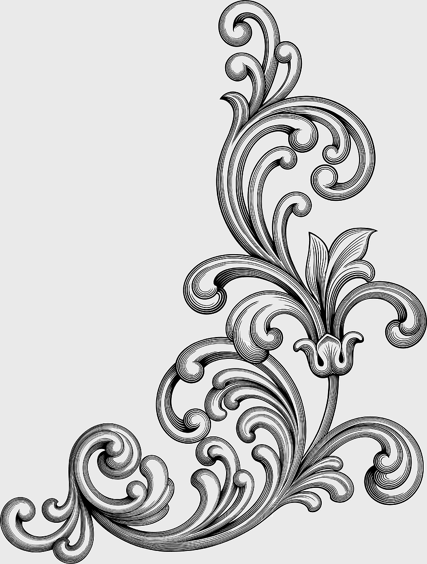 retro baroque scroll, floral corner design, vintage ornate pattern, decorative swirls, elegant filigree art, classic embellishment, antique flourish element, png