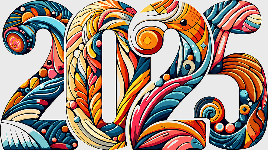 2025 new year calendar, decorative leaves, colorful waves, numbers design, festive, creative typography, holiday artwork, png 2025 new year calendar, decorative leaves, colorful waves, numbers design, festive, creative typography, holiday artwork, png