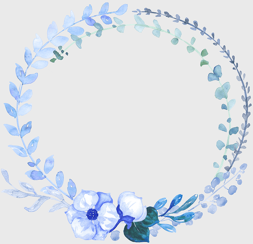 hand-painted blue garland, watercolor blue flower illustration, decorative floral wreath, paintbrush art petals, botanical line drawings, floral arrangement design, wreath nature decor