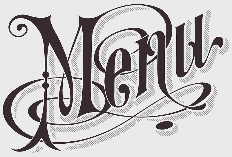 Menu template, French cuisine design, calligraphy art, black and white logo, elegant restaurant branding, vintage menu style, decorative text layout