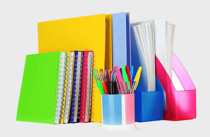assorted-color notebooks, office stationery supplies, plastic file folders, pen storage container, colorful office organization, desk accessories, business document management