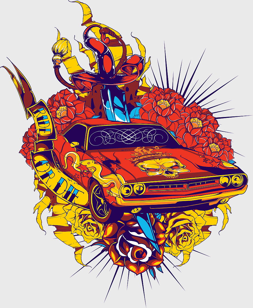 red and yellow Ride or Die car, printed T-shirt design, watercolor flower art, car and flower illustration, vintage car print, floral graphic tee, tattoo style artwork red and yellow Ride or Die car, printed T-shirt design, watercolor flower art, car and flower illustration, vintage car print, floral graphic tee, tattoo style artwork