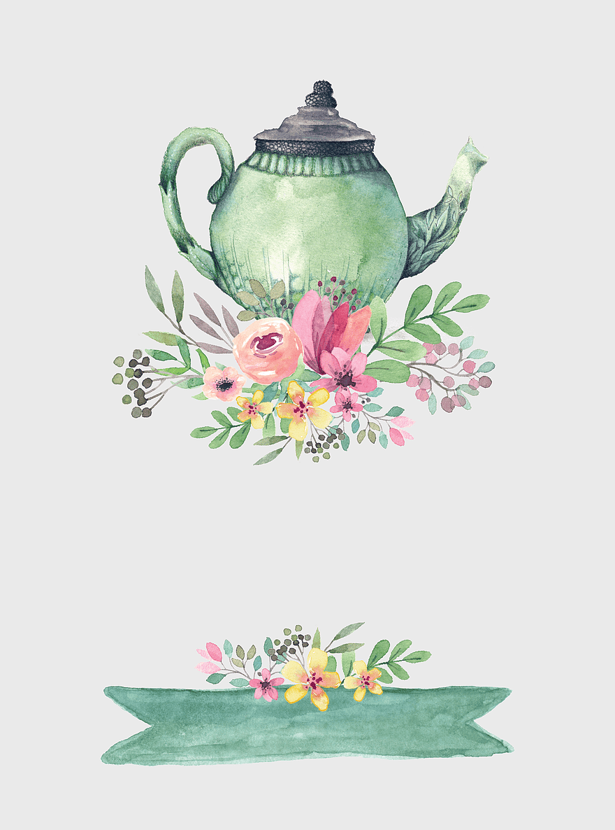 hand-painted teapot illustration, floral teapot design, wedding tea party invitation, green teapot with flowers, vintage tea party decor, elegant bridal shower art, watercolor floral tableware