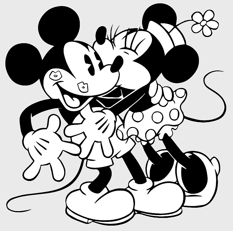 Mickey Mouse and Minnie Mouse coloring page, black and white Disney characters, Mickey Mouse Clubhouse line art, monochrome Mickey and Minnie, classic Disney cartoon characters, vintage Disney illustration, playful mouse characters