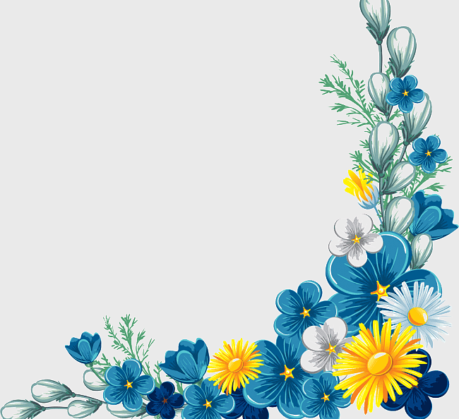 yellow flower decorative border, blue floral frame, handpainted flower arrangement, retro floral design, floral corner decoration, elegant flower border, vintage floral pattern