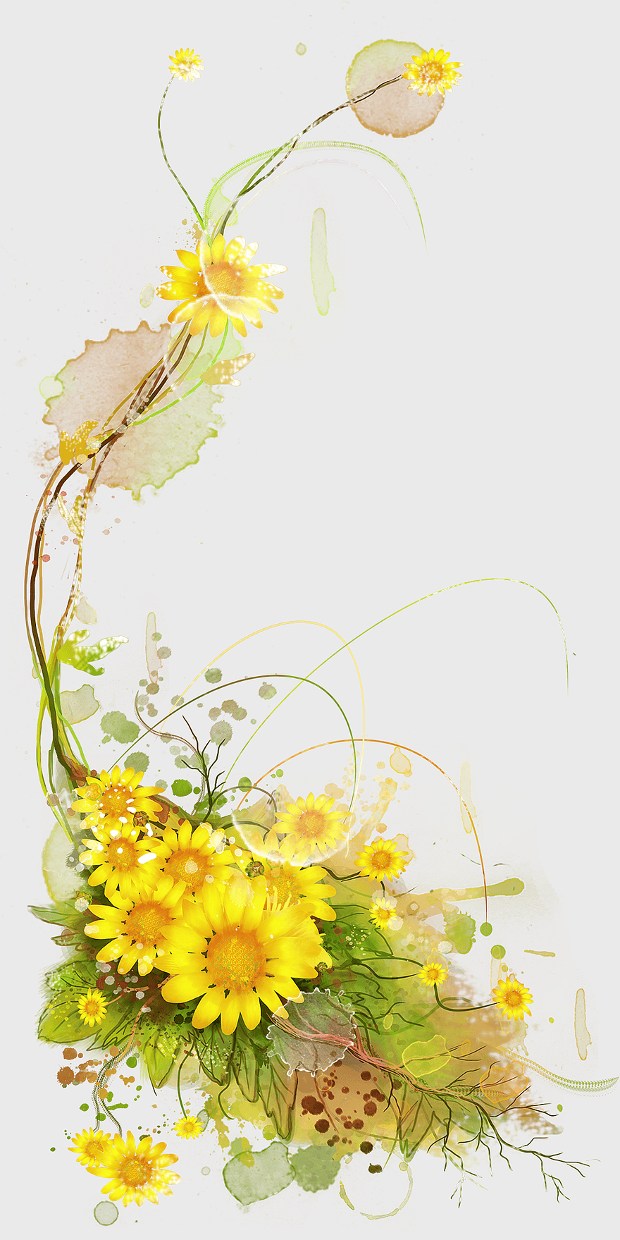 yellow petaled sunflower illustration, ink splashing floral vines, decorative yellow flower background, watercolor sunflower bouquet, artistic floral arrangement, vibrant floral design, nature-inspired floral art