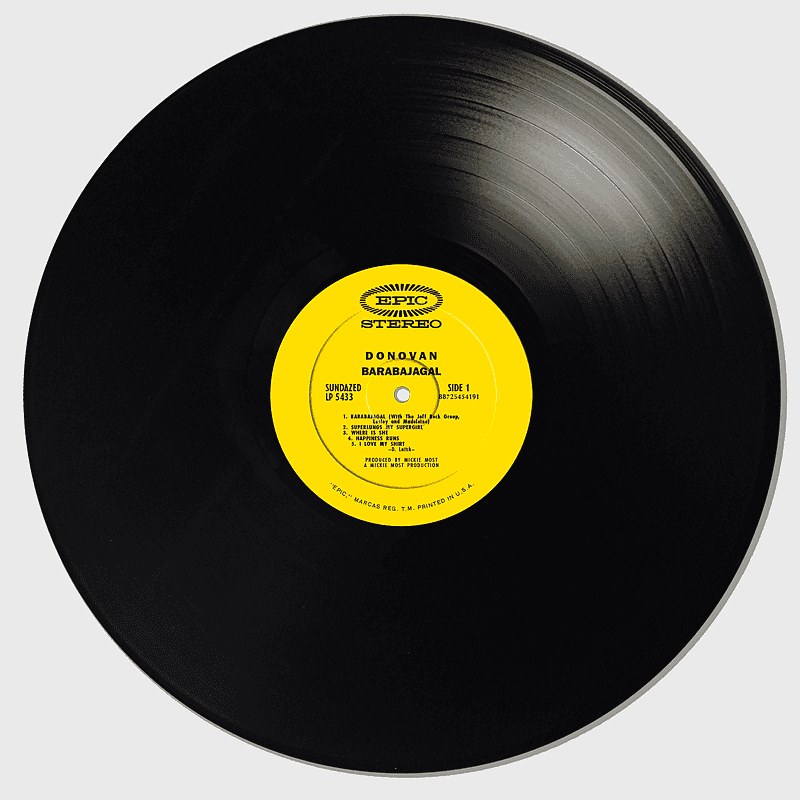 Donovan Barabajagal album, 45 RPM vinyl record, yellow label LP, Sundazed Records release, classic rock discography, vintage vinyl collection, turntable listening experience Donovan Barabajagal album, 45 RPM vinyl record, yellow label LP, Sundazed Records release, classic rock discography, vintage vinyl collection, turntable listening experience