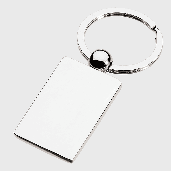 rectangle keychain, metal promotional keyring, personalized key accessories, silver logo tags, customizable keychains, gift keyrings, branding merchandise options