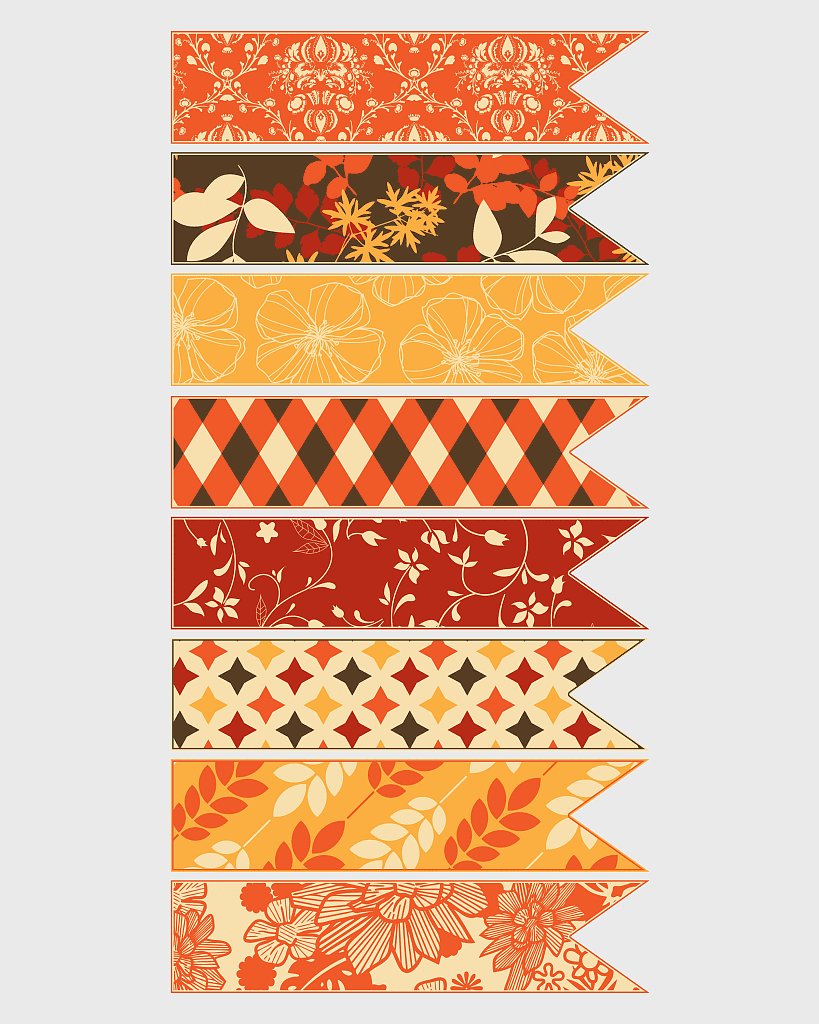 autumn floral ribbons, washi tape scrapbooking, orange triangle labels, fall adhesive tape decorations, colorful paper banners, seasonal craft accessories, decorative leaf patterns