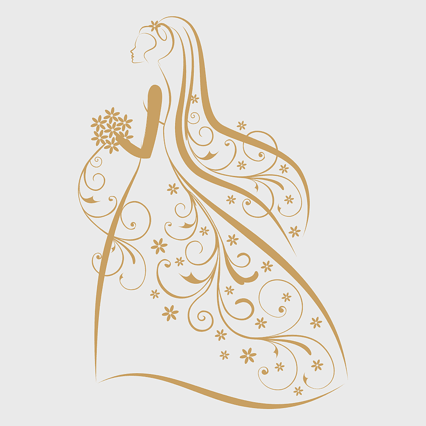 Wedding logo design, bride with floral bouquet, decorative wedding patterns, wedding invitation template, elegant bridal illustration, ornate wedding art, vintage wedding silhouette
