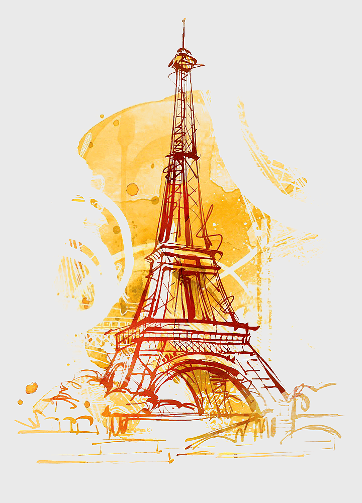 Eiffel Tower watercolor illustration, Paris landmark art, stick figure tower design, France travel icon, European architecture sketch, iconic monument drawing, world heritage site painting